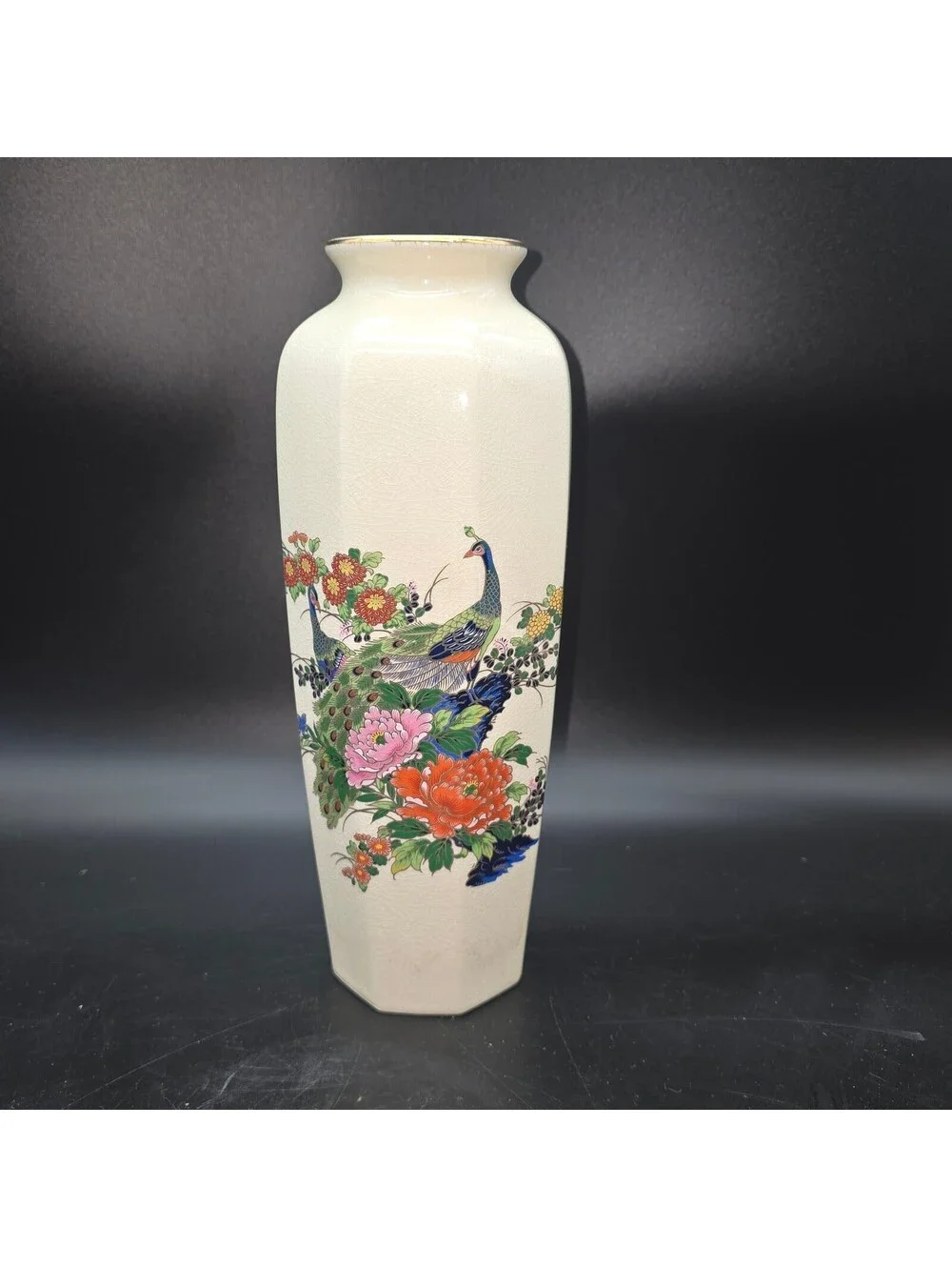 VTG Yamaji Japan Porcelain Peacock Vase Octagonal 11